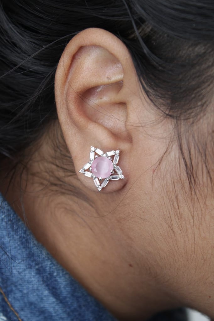 Cz pink star shape ear stud & earring for girl & women