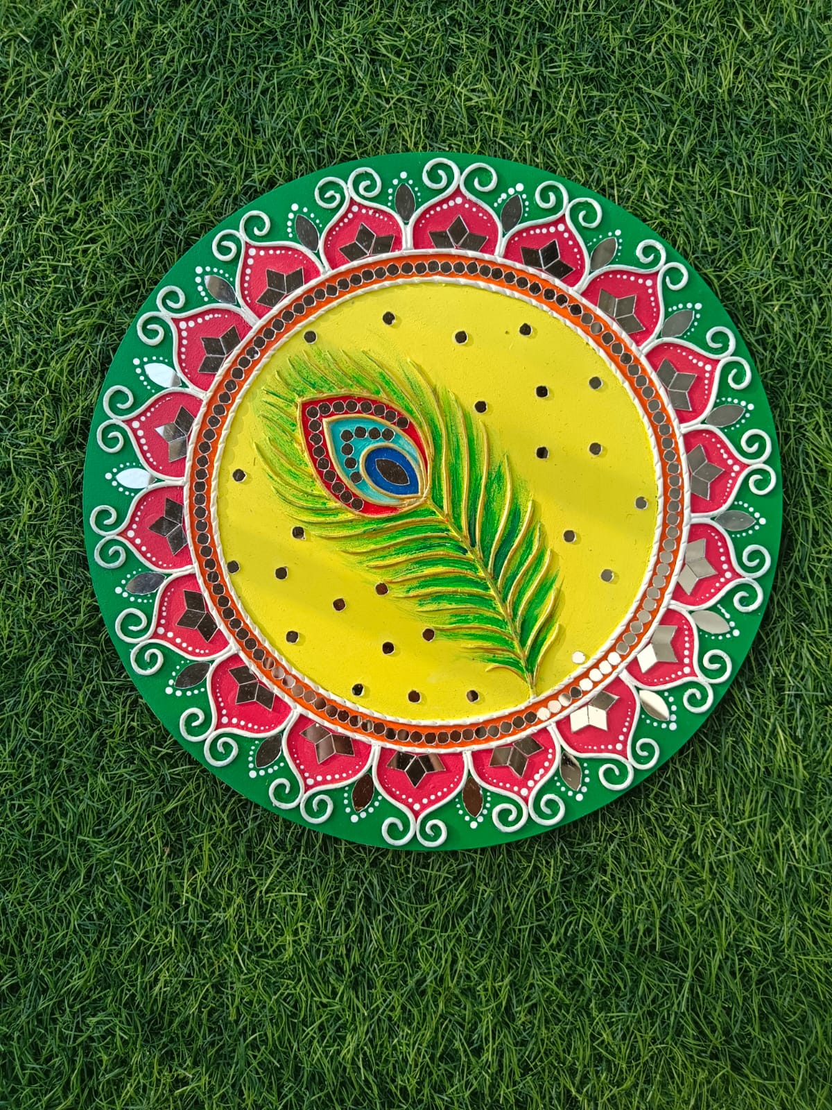 Rema Fabtex Art - Beautiful Home Decor Lippan Art Mirror Wall Decor Handmade Wall Art - Peacock feather 12 inch x 12 Inch