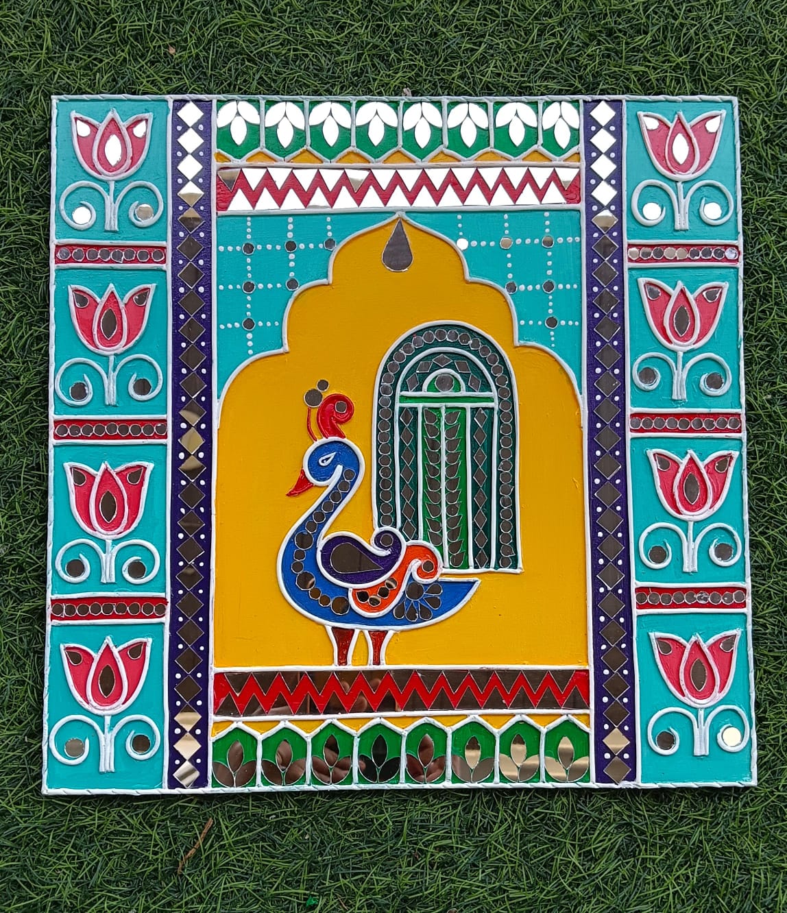 Rema Fabtex Art - Beautiful Home Decor Lippan Art Mirror Wall Decor Handmade Wall Art -Peacock (30 CM X 30 CM)