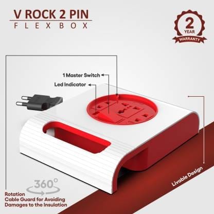 Fybros Square 2 Pin Extension Flex Box 5 Meter Power Cable with Indicator 3 Socket Extension Boards  (White, Red, 5 m)