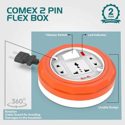 Fybros Comex 2 Pin Extension Board Flex Box 10 Meter Power Cable (Multicolor) 3 Socket Extension Boards  (White, Red, 10 m)
