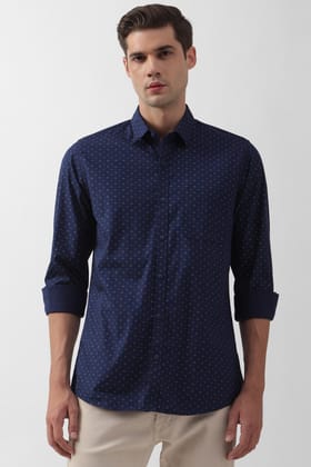 Men Navy Slim Fit Print Full Sleeves Casual Shirt Men Navy Slim Fit Print Full Sleeves Casual Shirt