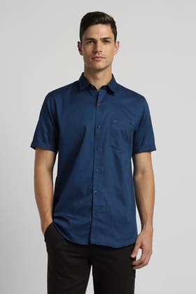 Men Navy Slim Fit Print Half Sleeves Casual Shirt