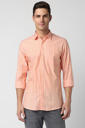 Men Peach Slim Fit Stripe Full Sleeves Casual Shirt