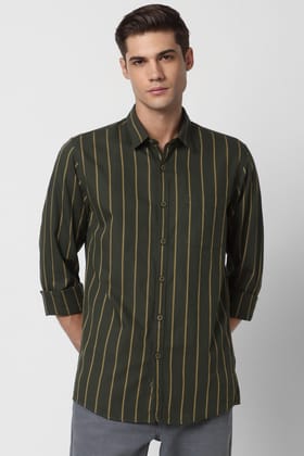 Men Olive Slim Fit Stripe Full Sleeves Casual Shirt