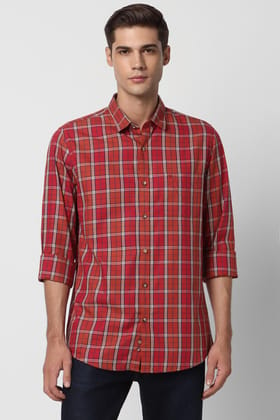 Men Red Slim Fit Check Full Sleeves Casual Shirt