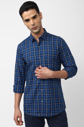Men Blue Slim Fit Check Full Sleeves Casual Shirt