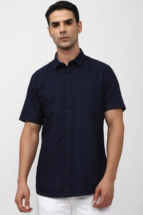 Men Navy Slim Fit Print Half Sleeves Casual Shirt
