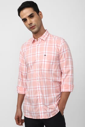 Men Peach Slim Fit Check Full Sleeves Casual Shirt