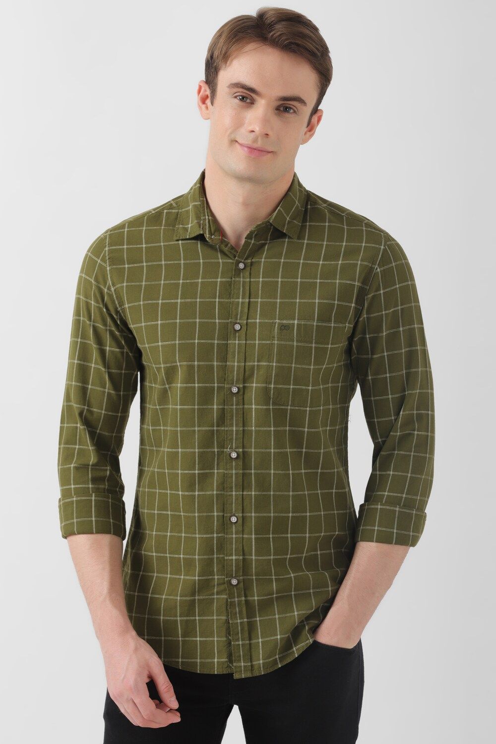 Men Olive Slim Fit Check Full Sleeves Casual Shirt