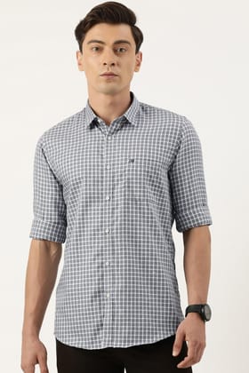 Men Grey Slim Fit Check Full Sleeves Casual Shirt