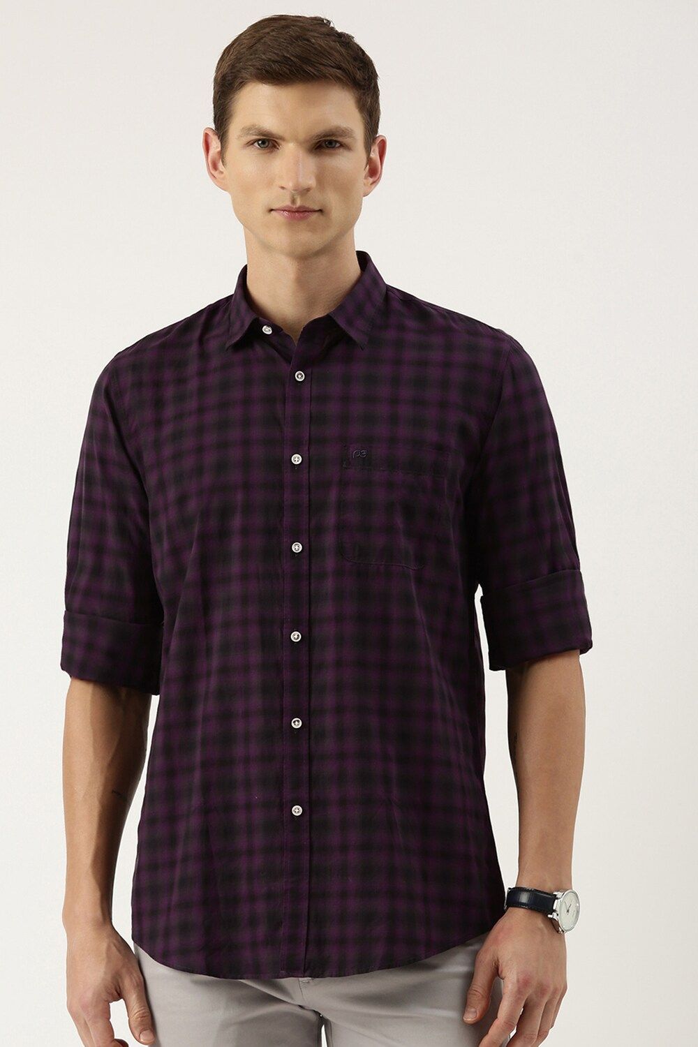 Men Purple Slim Fit Check Full Sleeves Casual Shirt