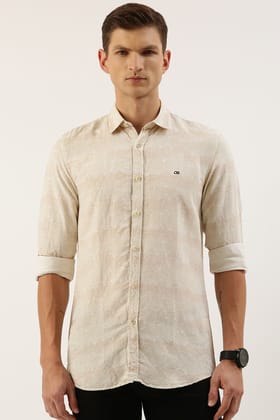 Men Beige Slim Fit Print Full Sleeves Casual Shirt
