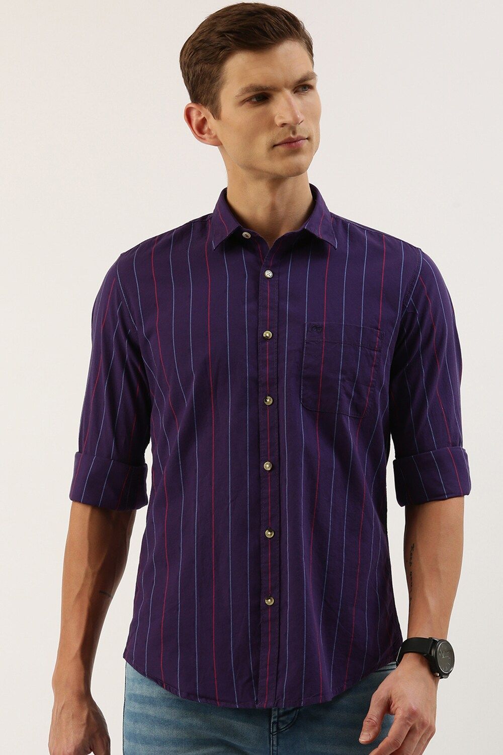 Men Purple Slim Fit Stripe Full Sleeves Casual Shirt