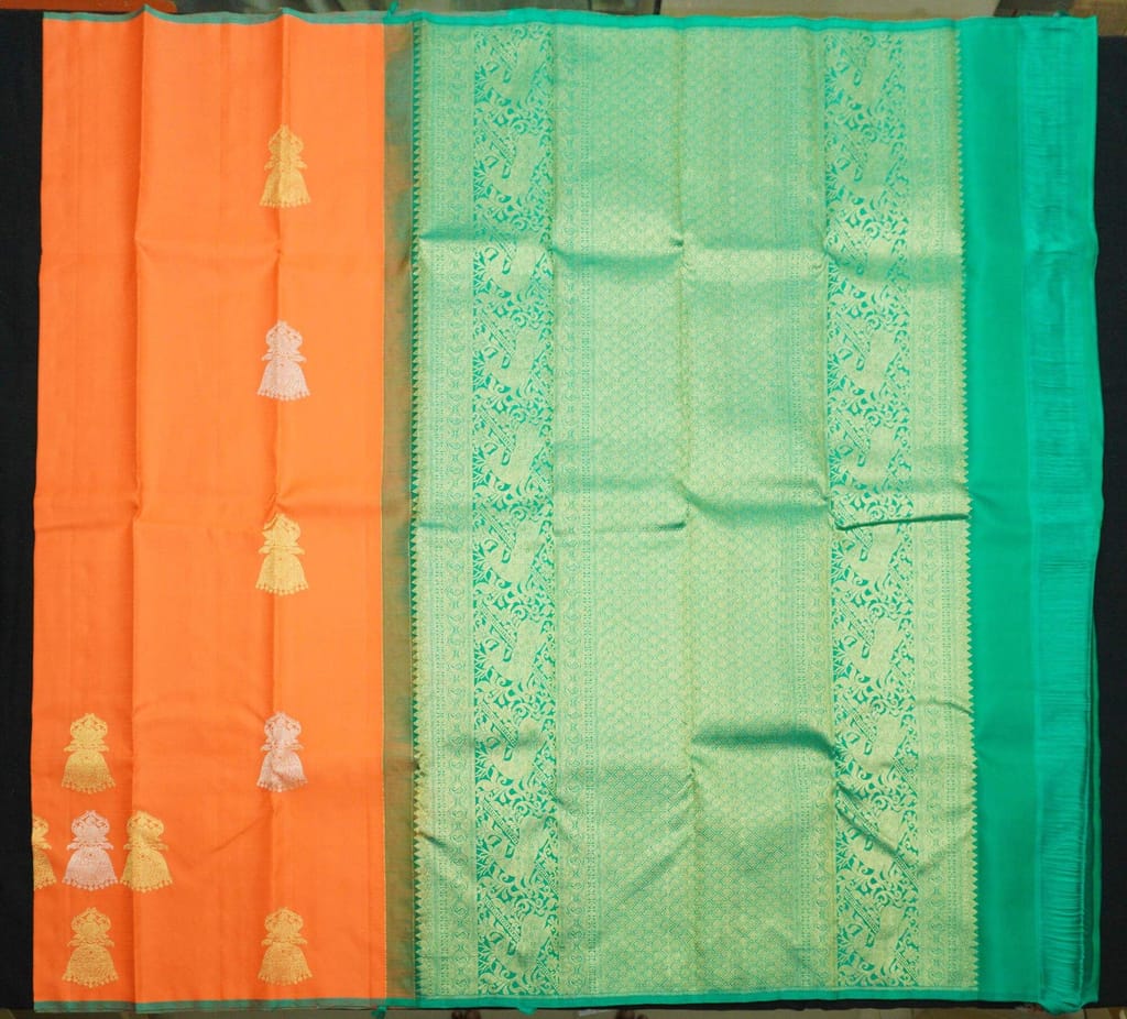 Borderless Kanchipuram Silk Saree in Orange with Gold & Silver Zari Butta