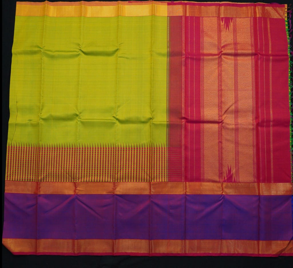 Parrot Green Kanchipuram Silk Saree with Temple Korvai Border