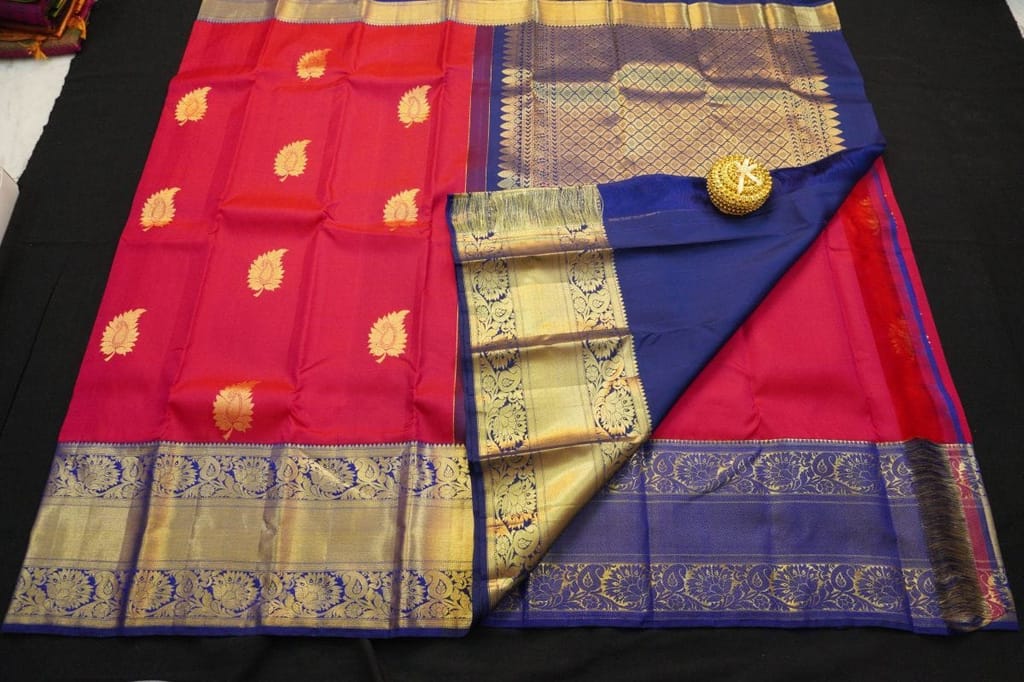 Kanchipuram Silk Saree in Red with Contrast Korvai Border in Gold Zari