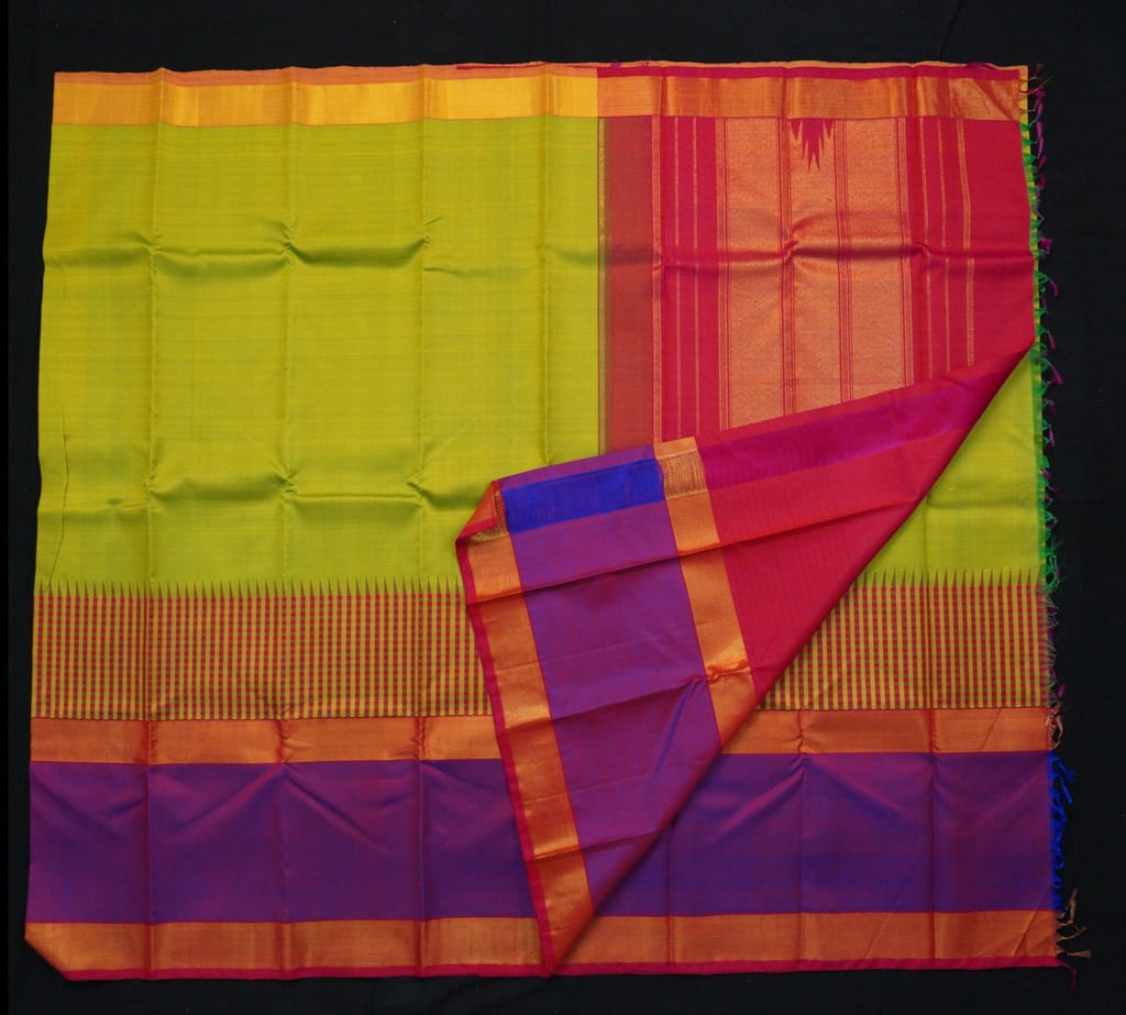 Parrot Green Kanchipuram Silk Saree with Temple Korvai Border