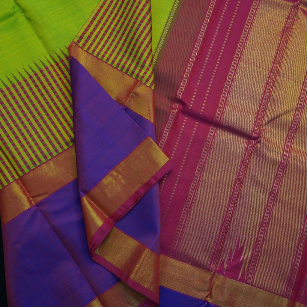 Parrot Green Kanchipuram Silk Saree with Temple Korvai Border