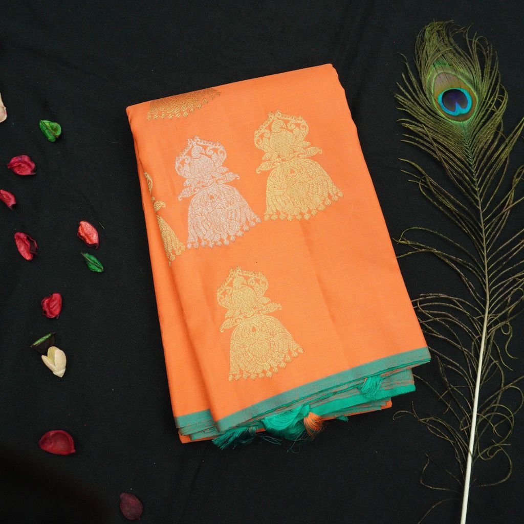 Borderless Kanchipuram Silk Saree in Orange with Gold & Silver Zari Butta