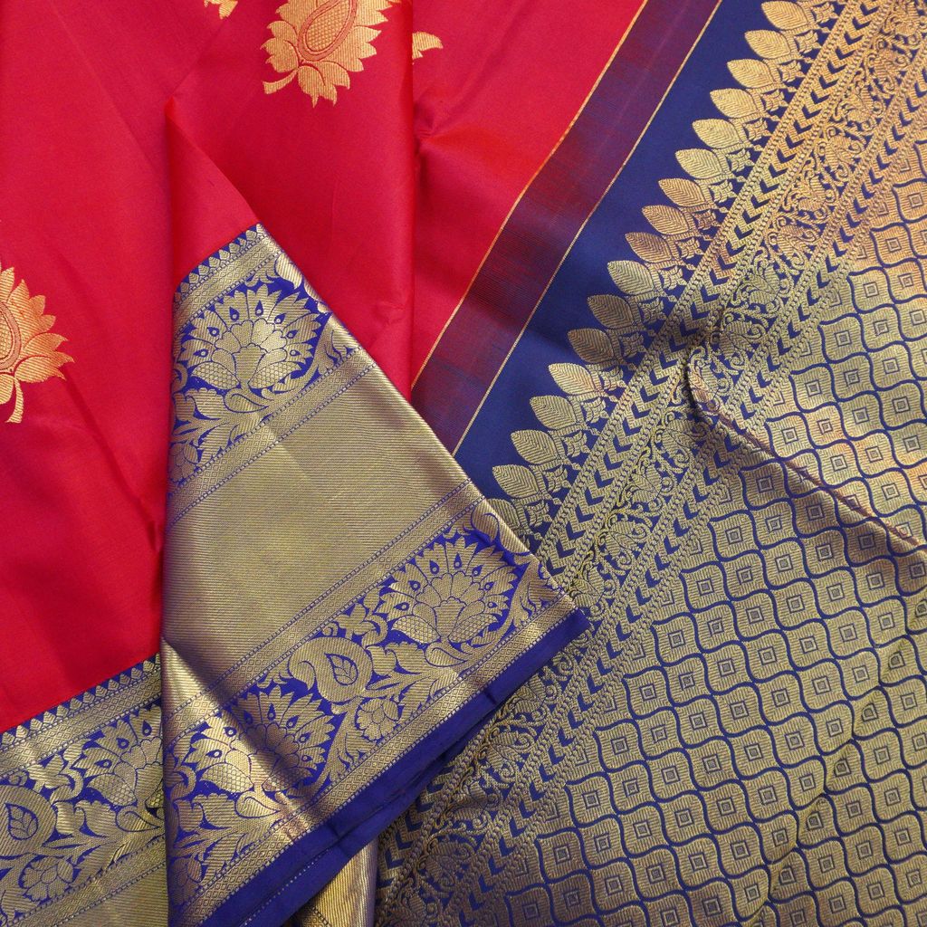 Kanchipuram Silk Saree in Red with Contrast Korvai Border in Gold Zari