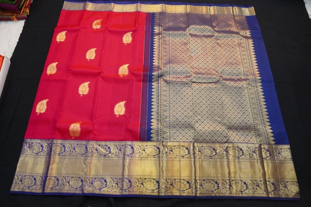 Kanchipuram Silk Saree in Red with Contrast Korvai Border in Gold Zari