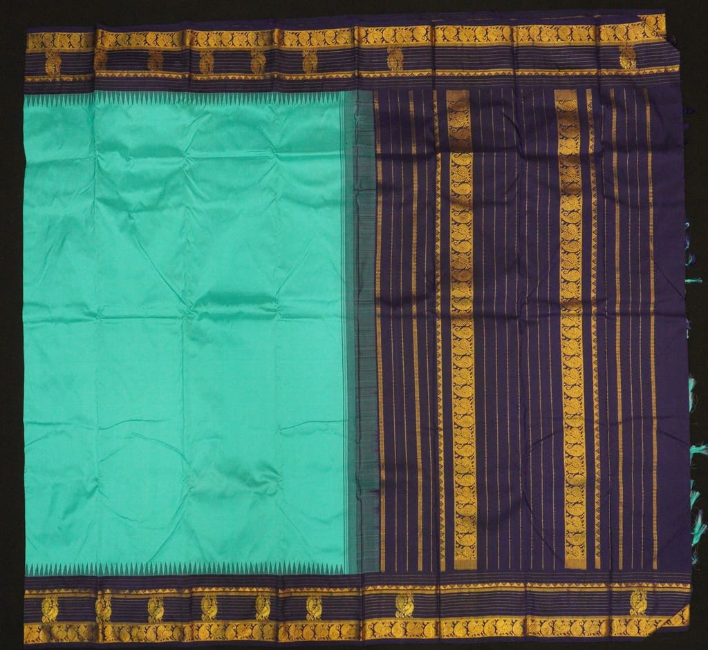 Classic Teal Blue Temple Korvai Kanchipuram Silk Saree