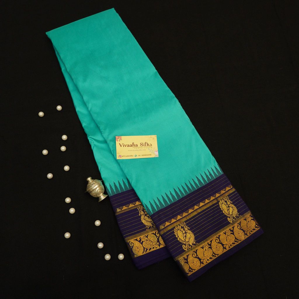 Classic Teal Blue Temple Korvai Kanchipuram Silk Saree