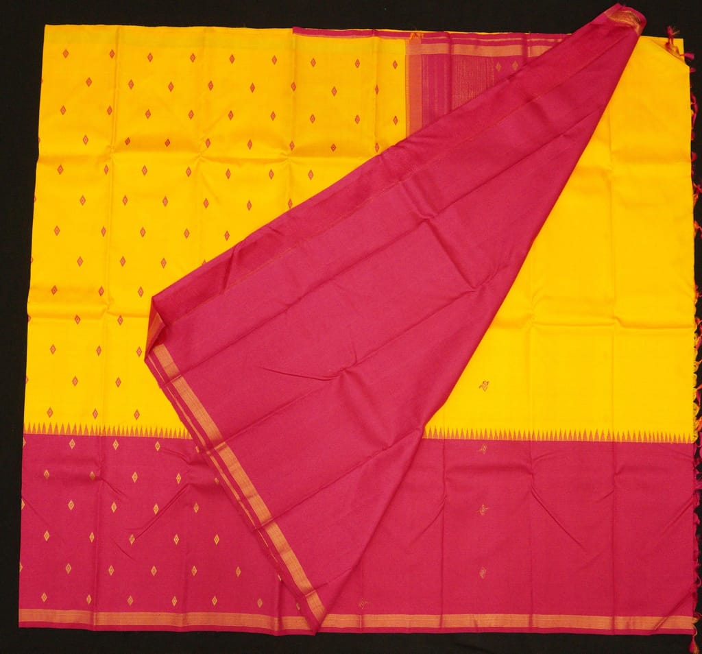 Temple Korvai Kanchipuram Silk Saree in Mango Yellow with Rose Border