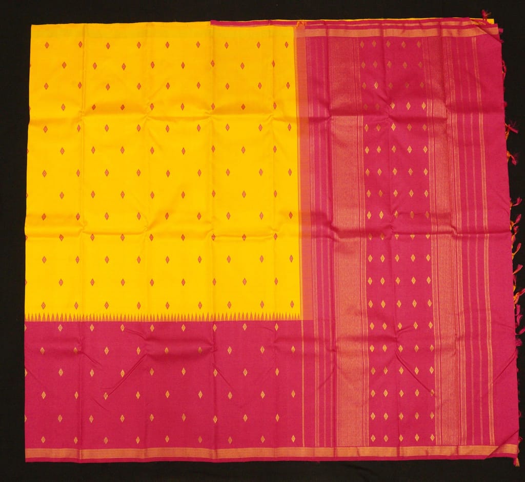 Temple Korvai Kanchipuram Silk Saree in Mango Yellow with Rose Border