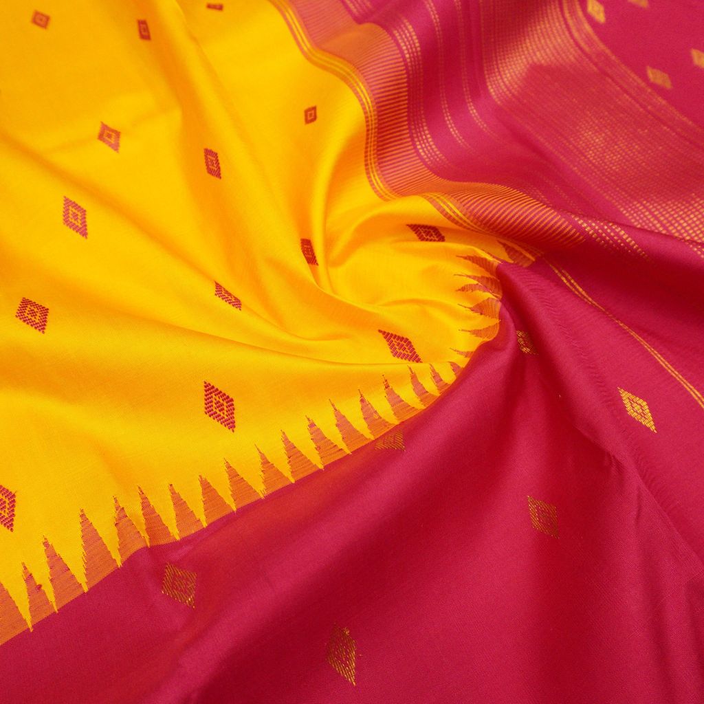 Temple Korvai Kanchipuram Silk Saree in Mango Yellow with Rose Border
