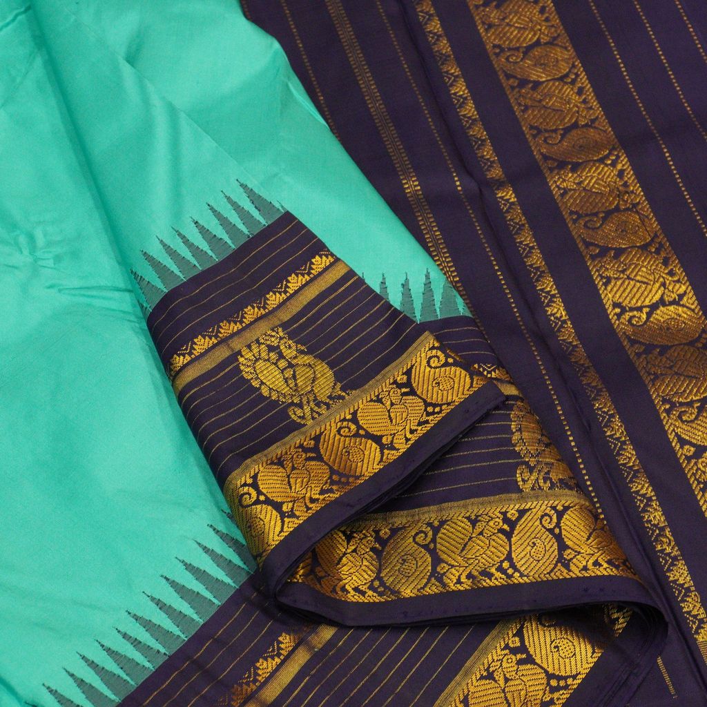Classic Teal Blue Temple Korvai Kanchipuram Silk Saree