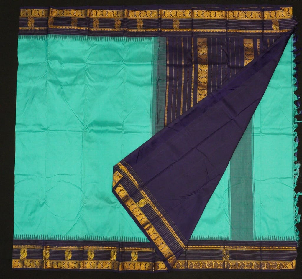 Classic Teal Blue Temple Korvai Kanchipuram Silk Saree