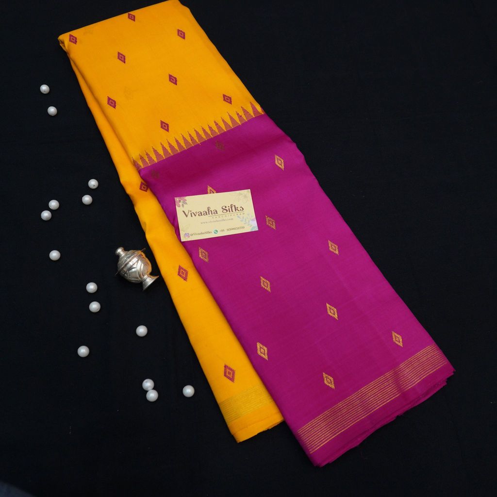 Temple Korvai Kanchipuram Silk Saree in Mango Yellow with Rose Border