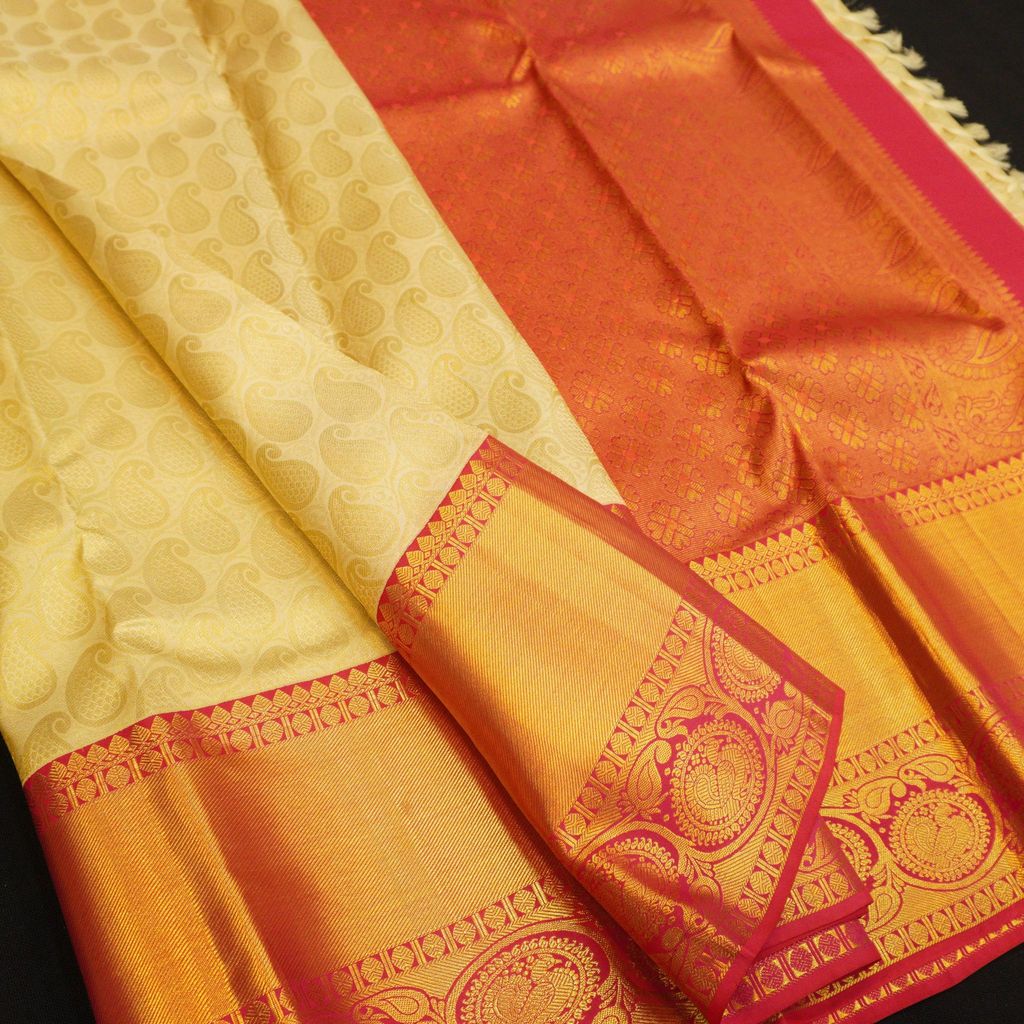 Half White with Maroon Border Kanjivaram Pattu Sari in Paisely Mango Motifs