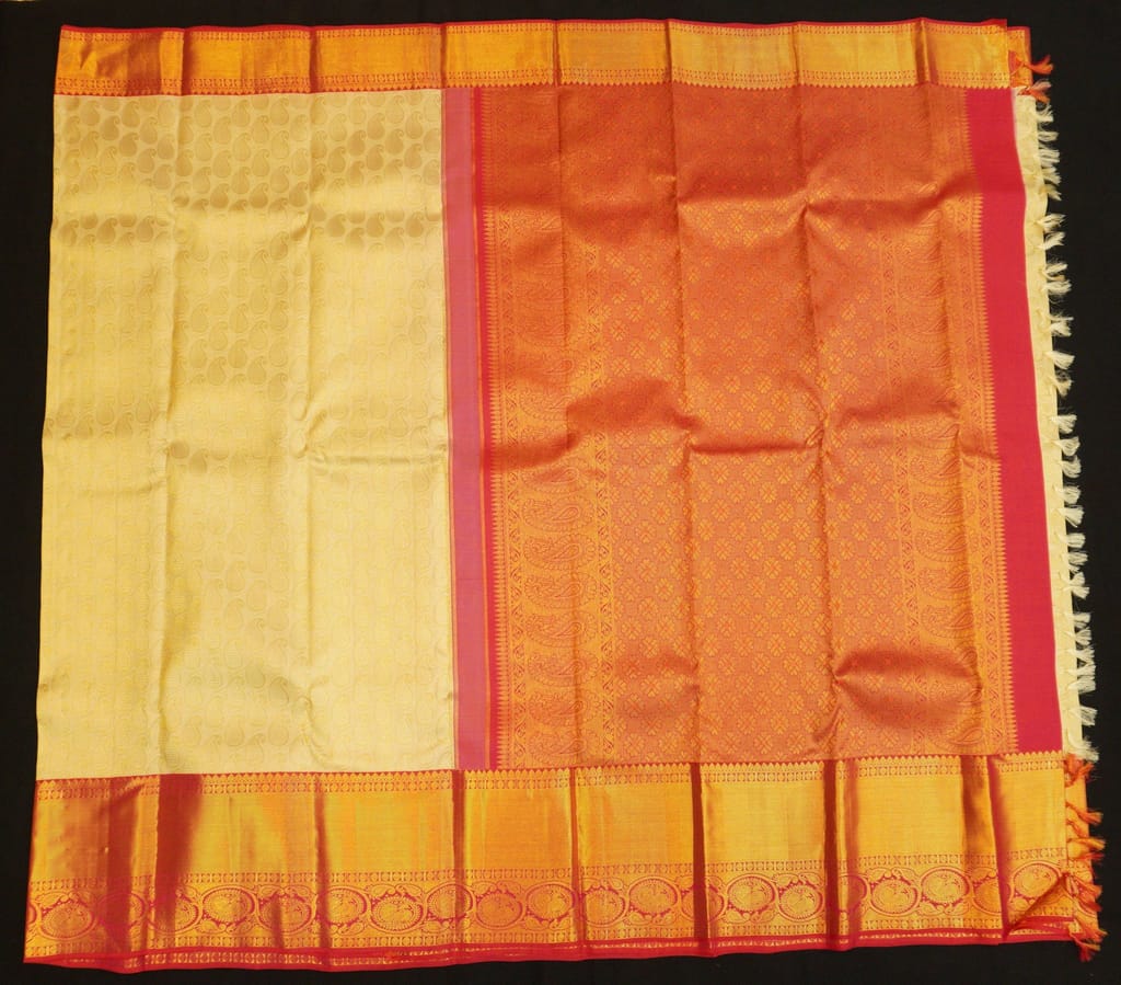 Half White with Maroon Border Kanjivaram Pattu Sari in Paisely Mango Motifs