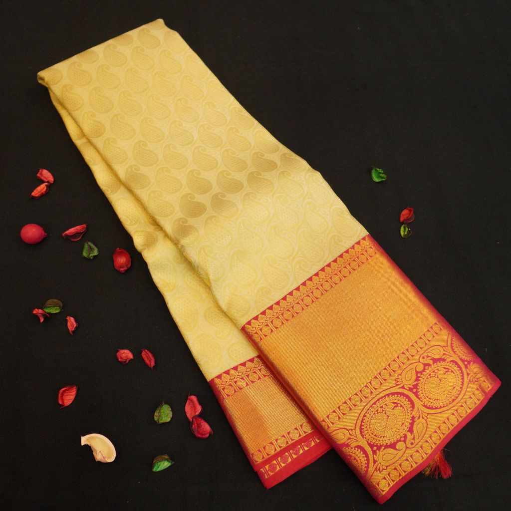 Half White with Maroon Border Kanjivaram Pattu Sari in Paisely Mango Motifs