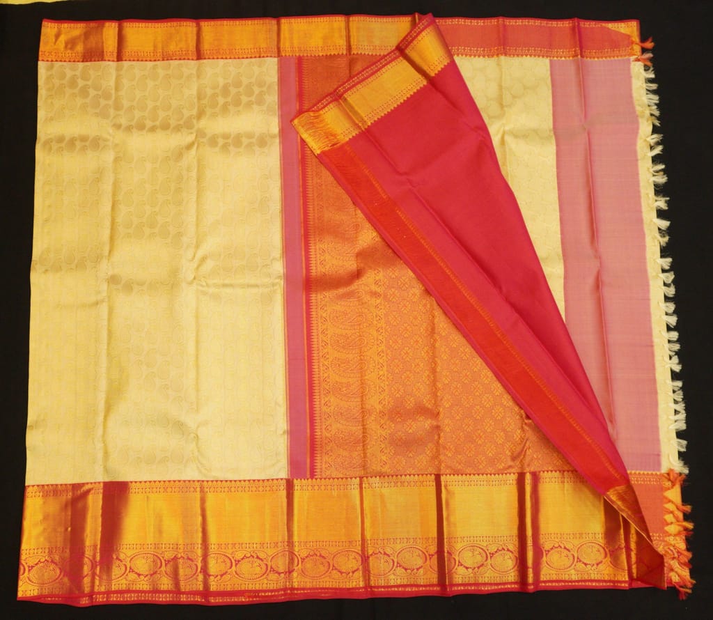 Half White with Maroon Border Kanjivaram Pattu Sari in Paisely Mango Motifs