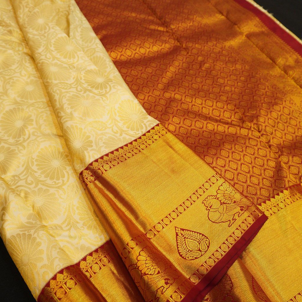 Exclusive Half White Bridal Kanjivaram Silk Saree with Maroon Border
