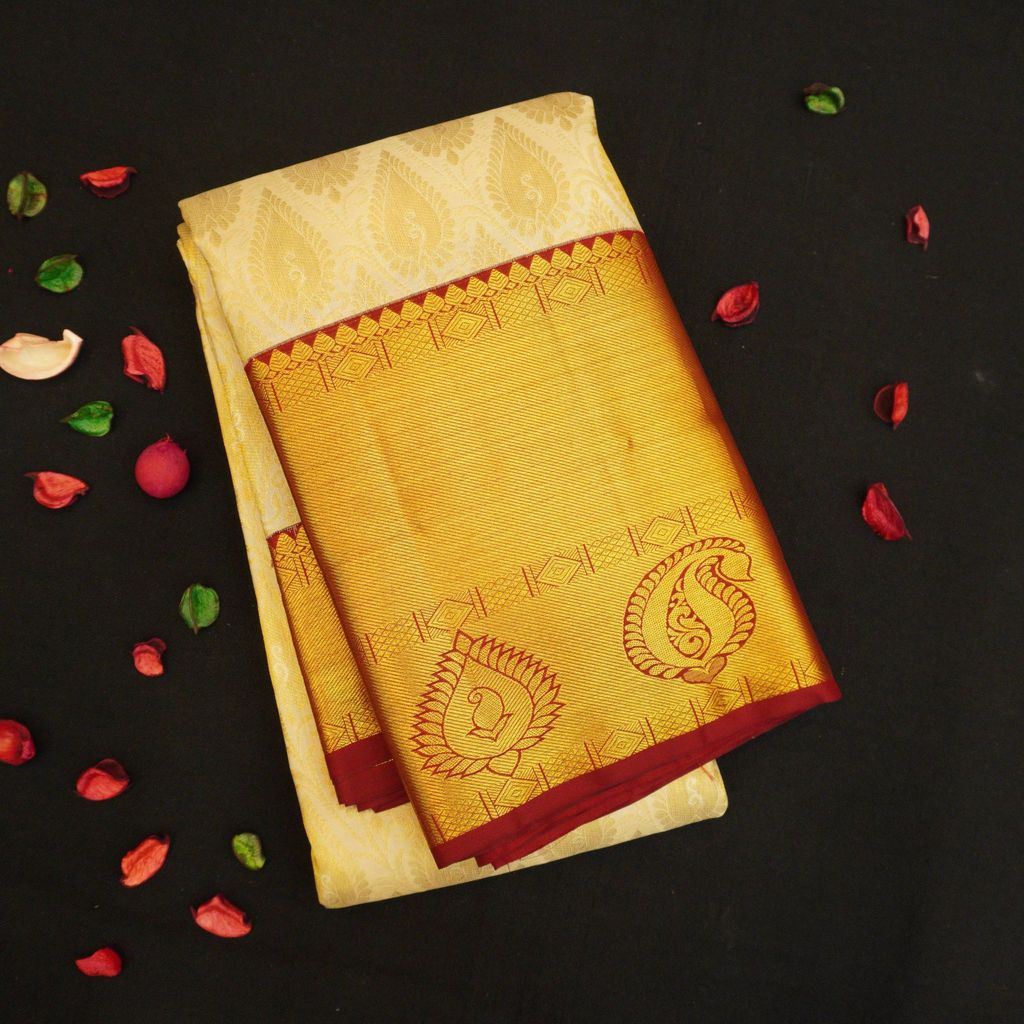 Half White with Maroon Kanjivaram Silk Saree - Latest Bridal Collections