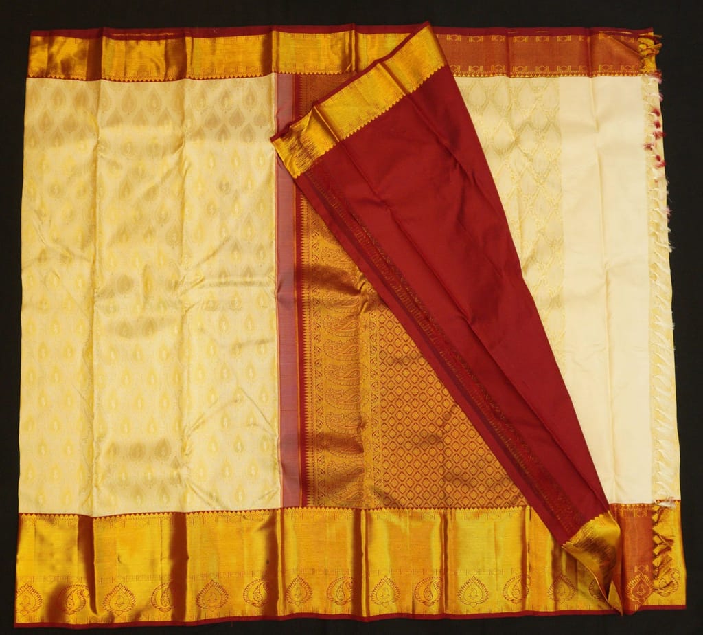 Half White with Maroon Kanjivaram Silk Saree - Latest Bridal Collections