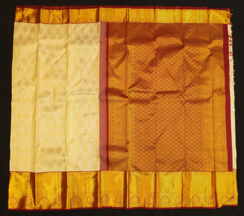Half White with Maroon Kanjivaram Silk Saree - Latest Bridal Collections