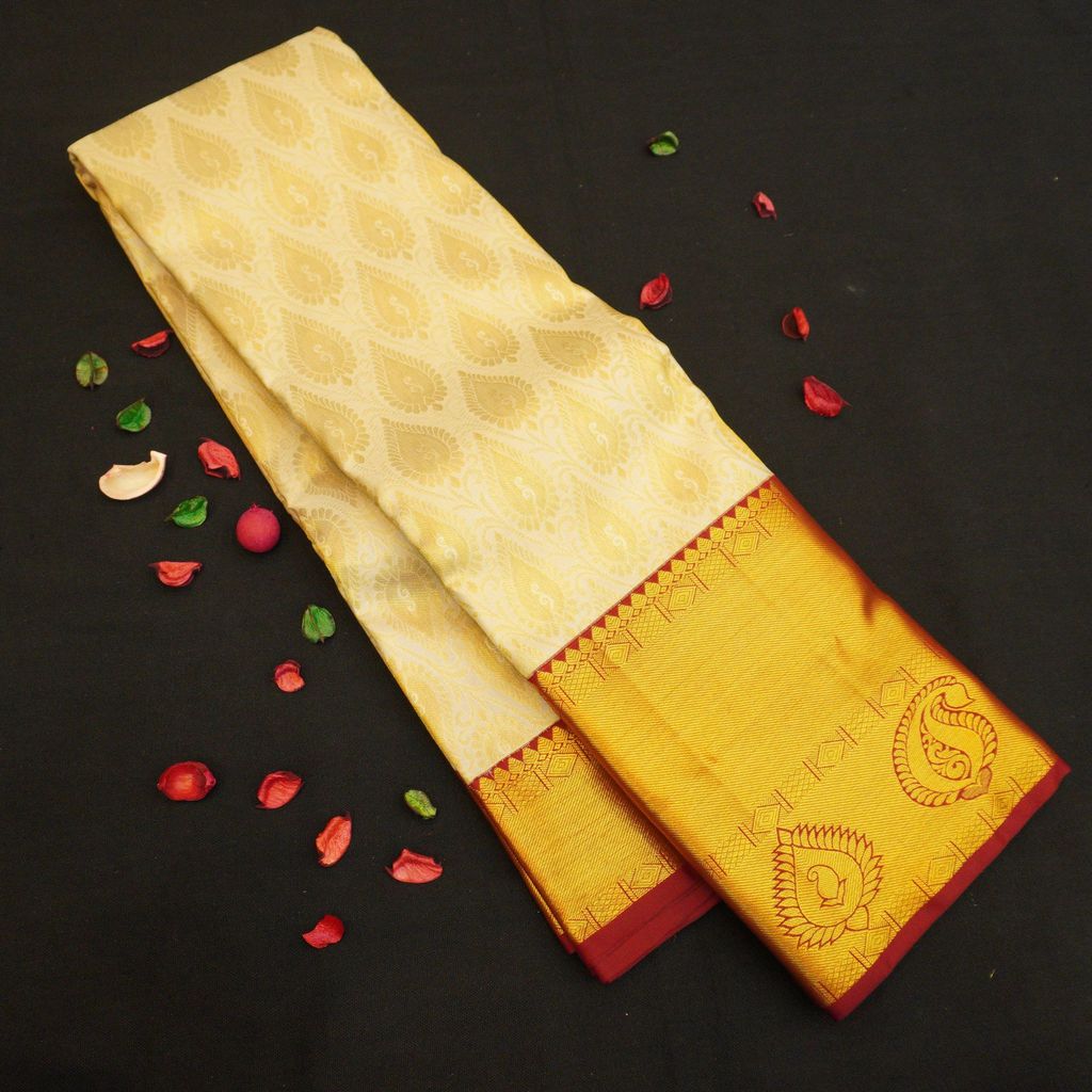 Half White with Maroon Kanjivaram Silk Saree - Latest Bridal Collections