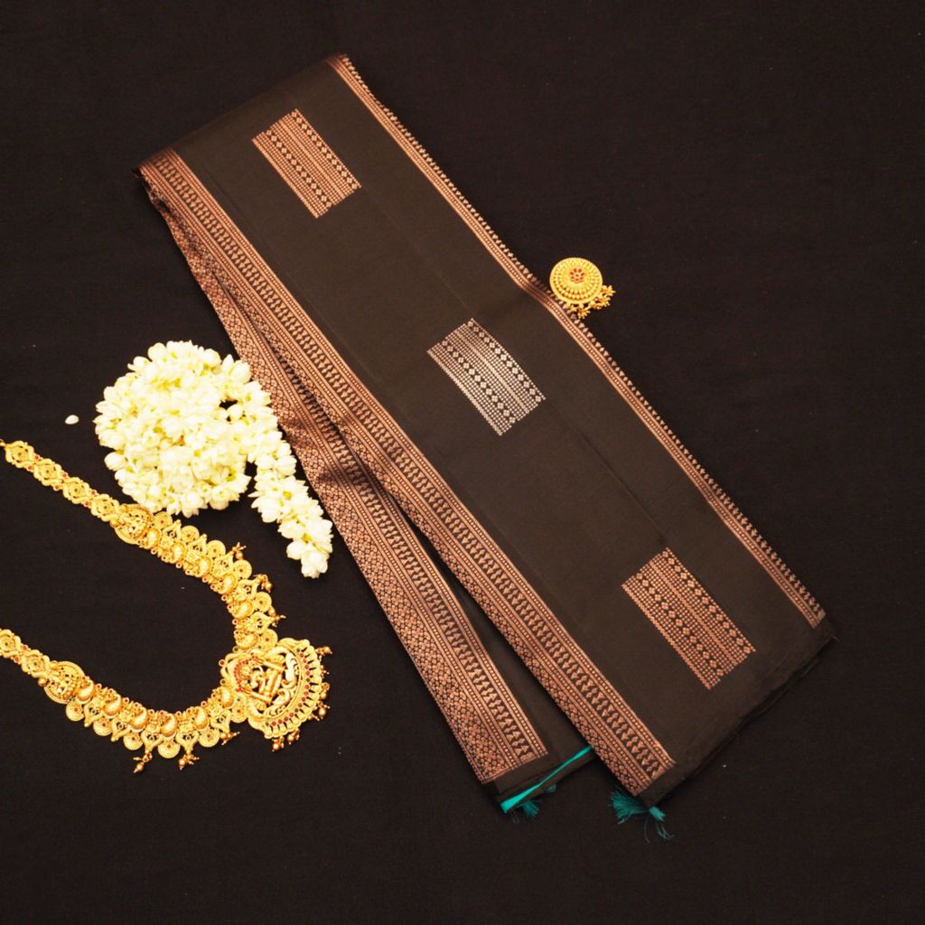 Borderless Kanchipuram Silk Saree in Black with Copper Zari