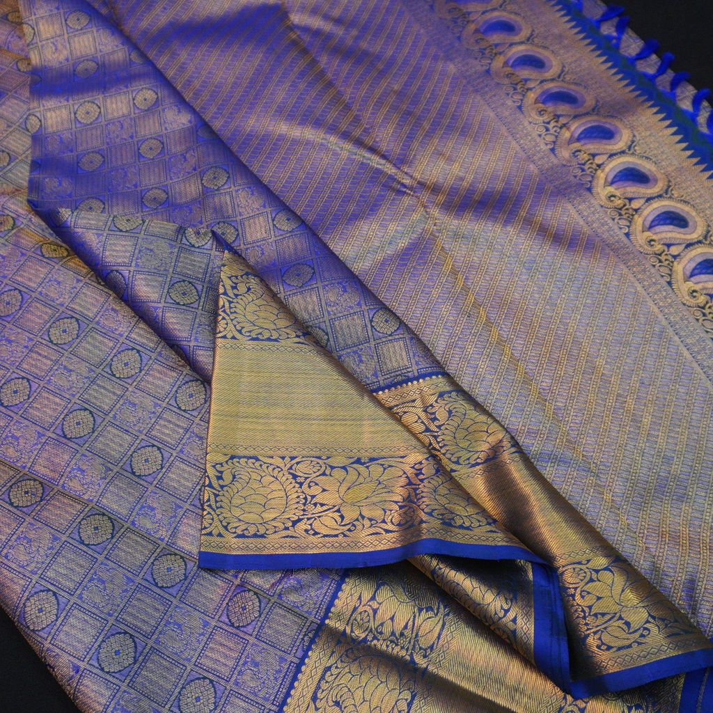 Blue Kanchipuram Silk Bridal Saree with Gold Zari & Jacquard Grace
