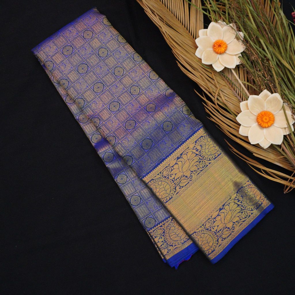 Blue Kanchipuram Silk Bridal Saree with Gold Zari & Jacquard Grace