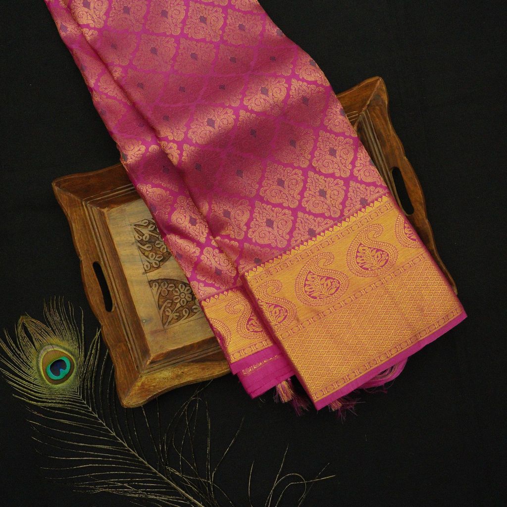 Handcrafted Kanjivaram Bridal Silk Saree in Pink with Meena Work