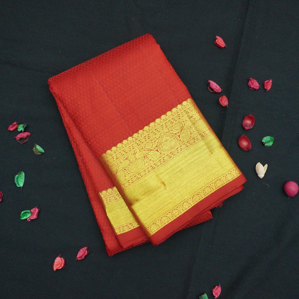 Chilly Red Wedding Silk Sari - Self Embossed Design