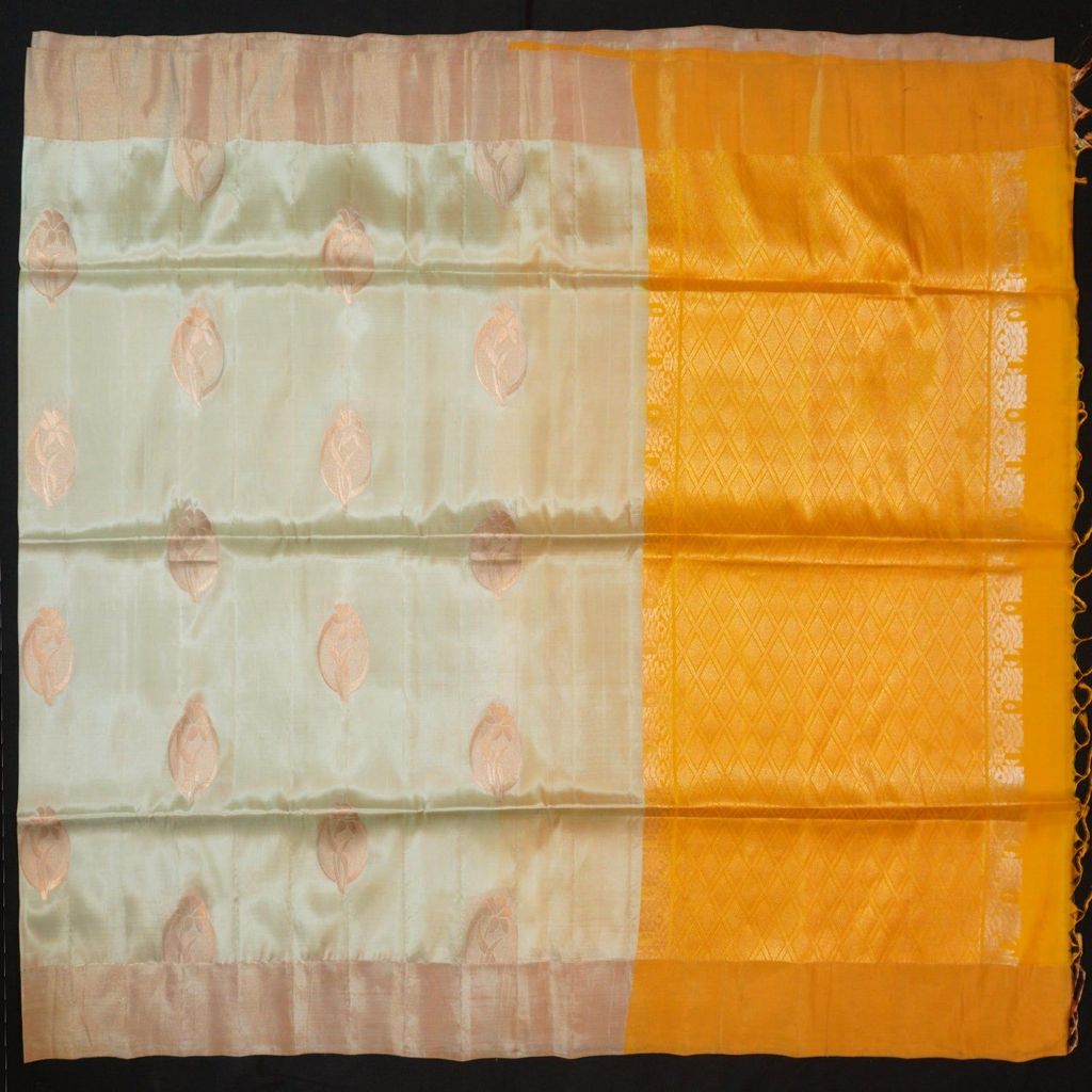 Pastel Pista Green Kanchipuram Soft Silk Saree with Mustard Pallu