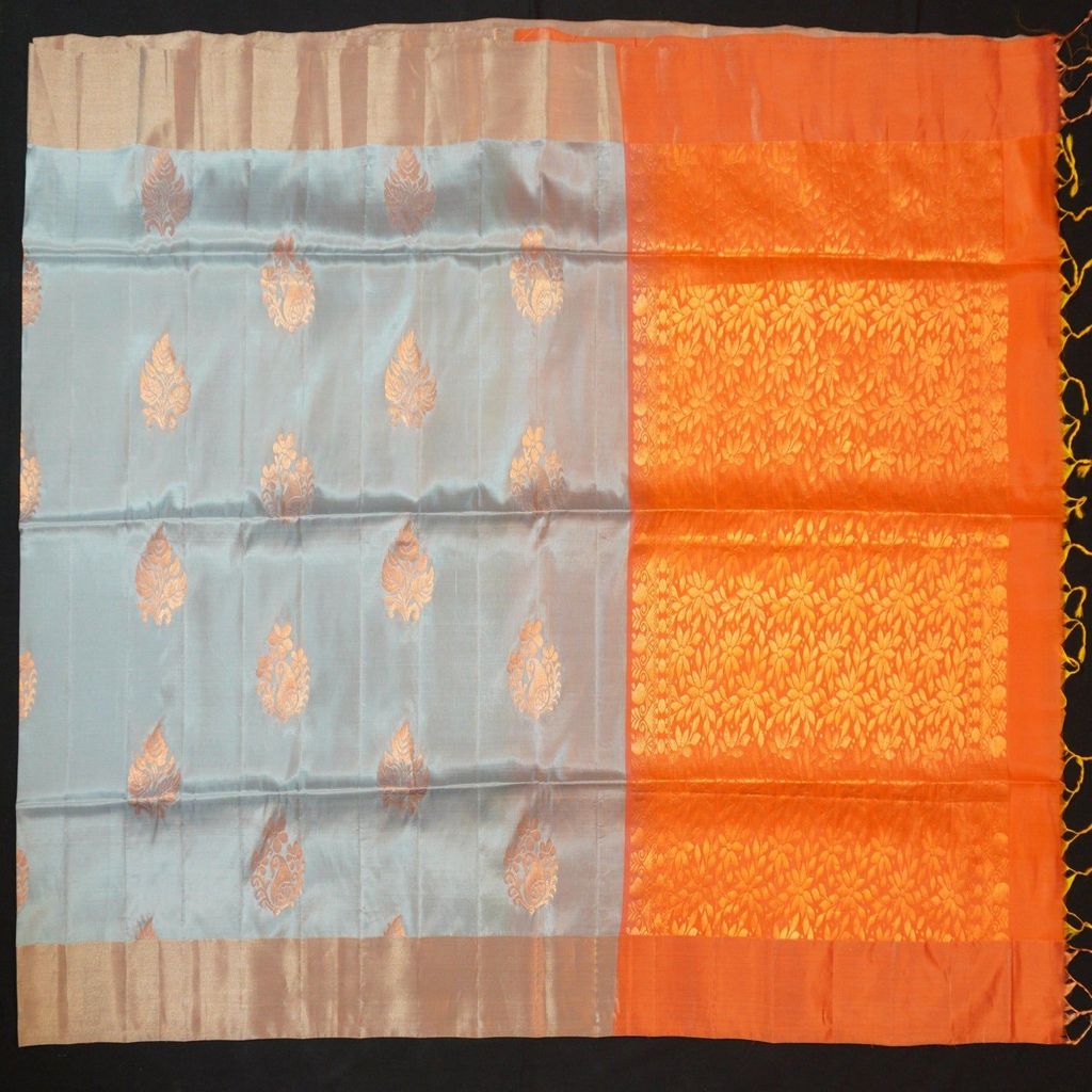 Trendy Pastel Blue & Orange Pallu Kanchipuram Soft Silk Saree